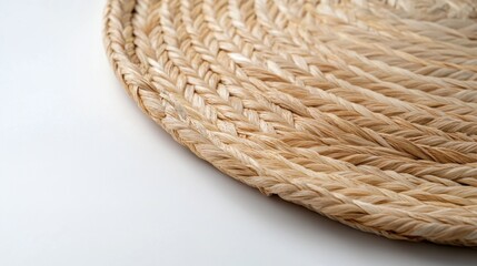 Obraz premium Top view of handcrafted straw placemat with intricate weave on white