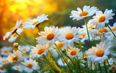 Fototapeta premium Golden hour sunset over blooming daisies in meadow. White daisy flowers with yellow centres. Warm sunshine light creates tranquil scenic countryside landscape. Nature wallpaper background.