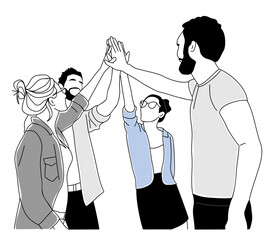 Excited business men and women giving high five celebrating success. Business team concept. Modern vector simple outline drawing for graphic, web design. Isolated on transparent background.