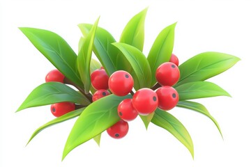 Red berries with green leaves isolated on white background