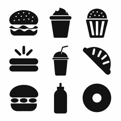 Fast-Food Vector Icon Set Crisp Silhouette Designs on White.