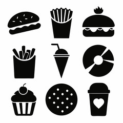 Fast-Food Vector Icon Set Crisp Silhouette Designs on White.