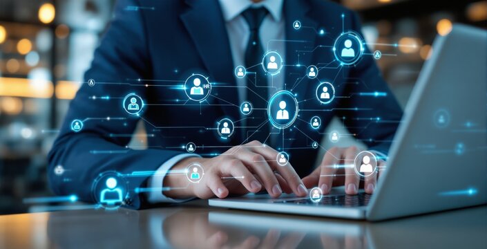 Businessman typing on laptop with digital interface of connected people icons, futuristic style on office background, concept of HR and networking, Ai generative