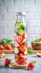 Infused water with strawberries and cucumber in glass bottle