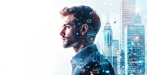 Futuristic business concept with a thoughtful man, digital network overlay, and urban skyscrapers in abstract tech style on a light background. Ai generative