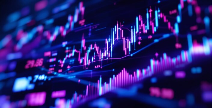 Abstract stock market chart with glowing lines and bars in neon style on a dark background, representing business analytics and financial data. Ai generative