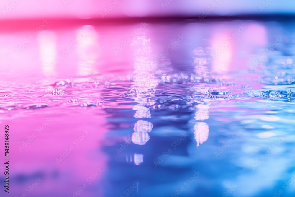 Fototapete Delicate droplets hang suspended on a shiny surface, illuminated by soft light that refracts into vibrant, prismatic hues, creating a mesmerizing effect