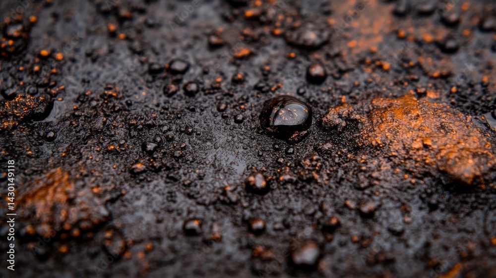 Poster water droplets gracefully slide over a gleaming stone surface, showcasing the texture and sheen in a