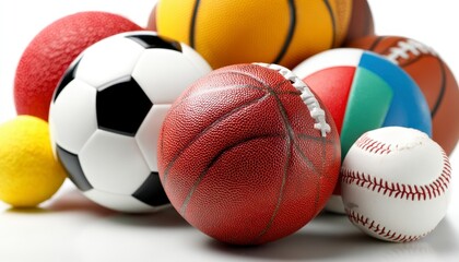 Multiple sports balls in different colors isolated on white background. Balls from various games like soccer football basketball baseball volleyball. Colorful sport sphere assortment