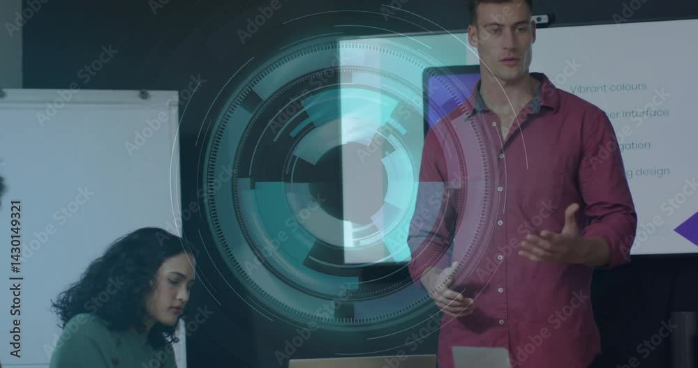 Poster man gesturing during tech meeting while colleague taking notes with digital overlay interface