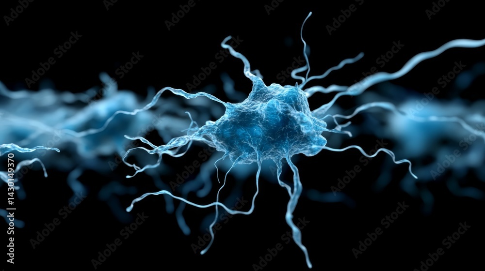 Poster Macro view reveals a dynamic digital network where blue particles connect complex nodes, emphasizing the abstract beauty of neural connections amidst a dark backdrop