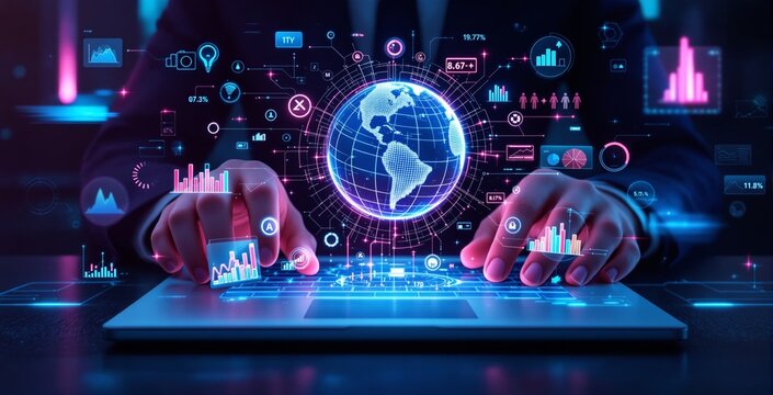Hands on laptop with glowing global data analytics interface, futuristic creative style, dark background, concept of business intelligence. Ai generative