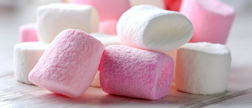 Pink white marshmallows scattered on light surface. Sweet treat for party holiday. Delicious candy fluffy texture. Marshmallows for baking desert snacks. Confectionery background.