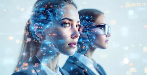 Businesswomen with digital world map overlays and glowing data graphics, futuristic tech style, on light background. Concept of innovation and leadership. Ai generative