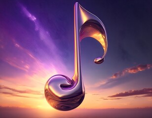 Purple Hologram Inflated Music Note with Purple Twilight Sky Backdrop