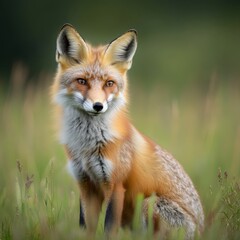Naklejka premium Red fox in a grassy field. A captivating image of a red fox, alert and centered, seated amidst tall grass