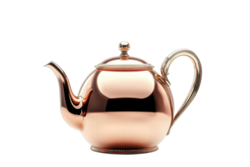 Elegant copper teapot with ornate silver handle perfect for afternoon tea gleaming against a black background A stunning piece for tea on transparent background