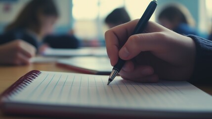 A close-up of a hand writing in a lined notebook. Suitable for education, journaling, and organization themes.
