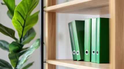 Wooden bookshelf displaying green binders and indoor plant, modern aesthetic with eco touch