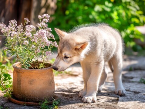 Small wolfhund puppy sniffing pink flowers in pot. Cute dog pet near flowering plant outdoors. Adorable baby animal looks flower. Puppy with blooming plants on garden sunlight. Happy pet.