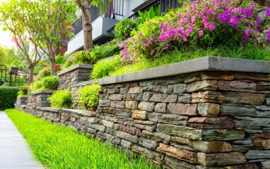 Obraz premium Stone retaining wall in garden with green grass. Rock garden with flowers and plants on top of wall. Landscaping design outdoor backyard. Stone wall texture garden decor. Backyard