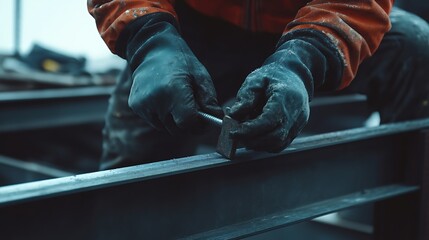 Worker Tightening a Bolt on Steel Beam