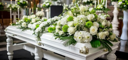White casket with flowers arrangement in chapel. Funeral ceremony indoors. Flowers roses death concept. Funeral service or burial at cemetery. Grief sorrowful moments. Remembrance.