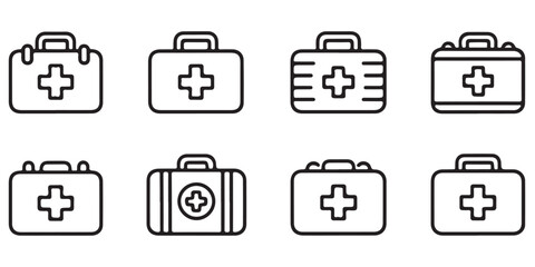 first aid box, icon, first and kit, silhouette, set, thin, black, line, vector