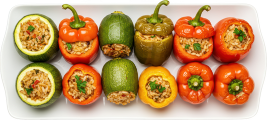 Colorful Stuffed Peppers and Zucchini Halves Filled with Rice and Herbs