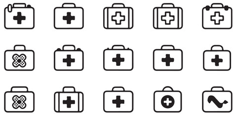 first aid box, icon, first and kit, silhouette, set, thin, black, line, vector
