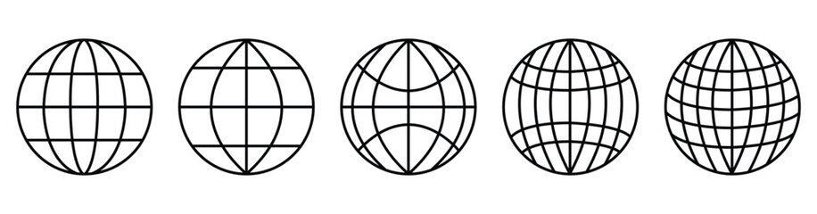 Set of website globe doodle hand drawn icon. Outline drawing internet line clipart symbol collection. 