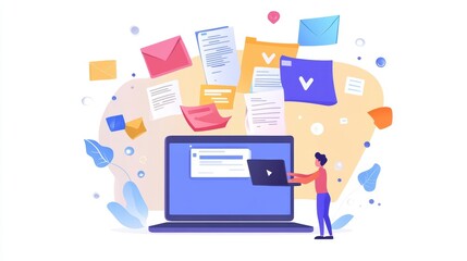 Man managing digital documents and emails on laptop.