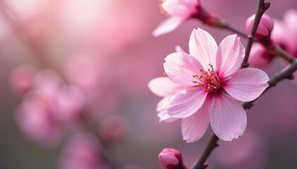 Delicate pink sakura blossoms, soft petals, full bloom, sakura branch, spring background