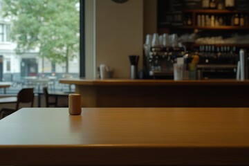 Empty cafe table in front of a bar