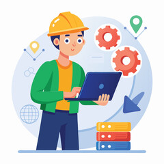 male engineer checks the program and discovers an error. Hand drawn style vector design illustrations.