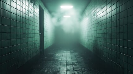Creepy corridor with green tiles, dim lights, and thick fog ahead. Perfect for suspenseful thrillers, horror games, or mystery novels.