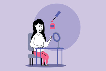 Fototapeta premium Woman applying nail polish while seated at table with mirror. Girl focuses on her nails, creating vibrant look in welcoming environment