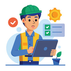 male engineer checks the program and discovers an error. Hand drawn style vector design illustrations.