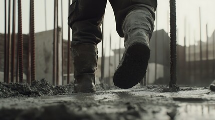 Construction Worker Walking on Wet Concrete