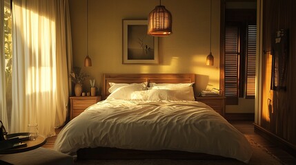 A cozy and welcoming bedroom interior design in soft earth tones with fluffy white bedding, an elegant hanging chandelier, warm wooden bedside tables and soft natural shadows.