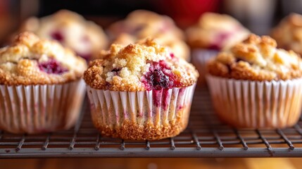 A close-up of a raspberry muffin with a crumble topping, sitting on a wire rack with other muffins in the background.