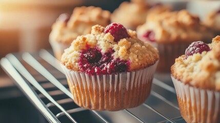 A close-up of a raspberry muffin with a crumble topping, sitting on a wire rack with other muffins in the background.
