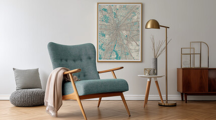 Teal Armchair Wooden Legs Map Art Mid Century Modern Interior