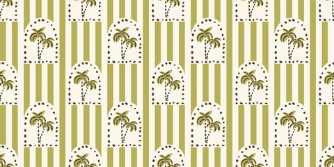 Seamless pattern with freehand ink doodle abstract palm trees in arc frame. Trendy tropical block print vertical stripe background. Hand drawn vector illustration. Boho, beach, jungle wallpaper.