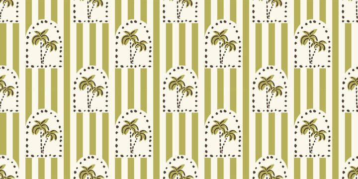 Seamless pattern with freehand ink doodle abstract palm trees in arc frame. Trendy tropical block print vertical stripe background. Hand drawn vector illustration. Boho, beach, jungle wallpaper.