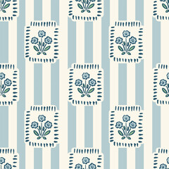 Hand drawn floral block print stripe seamless pattern. Trendy retro blue daisy in square frame botanical vector background. Boho, beach, Indian traditional textile design.
