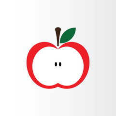 Red apple that has been cut in half. You can see the outline of the red skin, the white flesh, a brown stem, a single green leaf, and two black seeds.