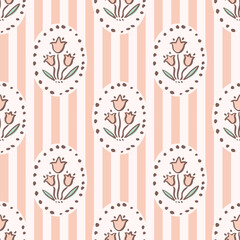 Hand drawn floral block print stripe seamless pattern. Trendy retro pink bluebell in oval frame botanical vector background. Boho, beach, Indian traditional textile design.