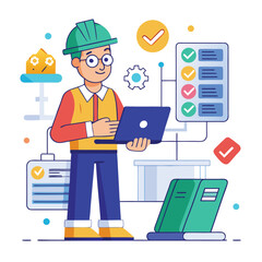 male engineer checks the program and discovers an error. Hand drawn style vector design illustrations.