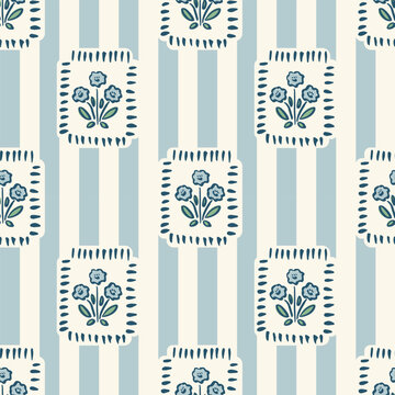 Hand drawn floral block print stripe seamless pattern. Trendy retro blue daisy in square frame botanical vector background. Boho, beach, Indian traditional textile design.